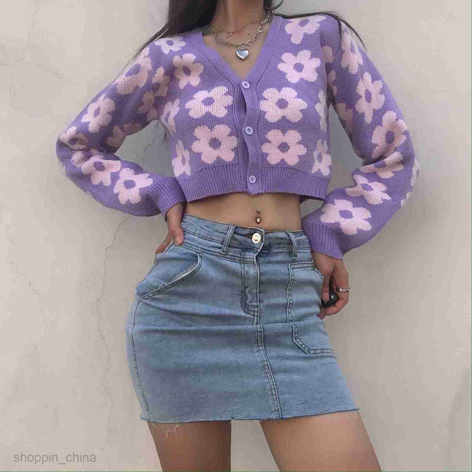 Women's Sweaters elegant flower print V-Neck Sweater Cardigan girl style versatile autumn new sweater coat