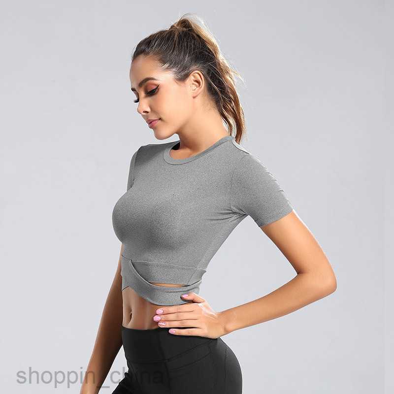 Women's T Shirt Women's sports slim cross T-shirt sports fitness top open navel Yoga suit running short sleeve tees