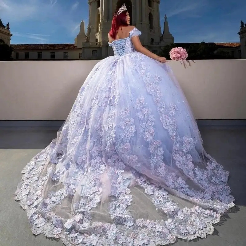 Mexican Sky Blue Off Shoulder Quinceanera Dress Ball Gown 3D Flowers Lace Applique Beading Tull Sweet 16 Vestido De 15 Anos