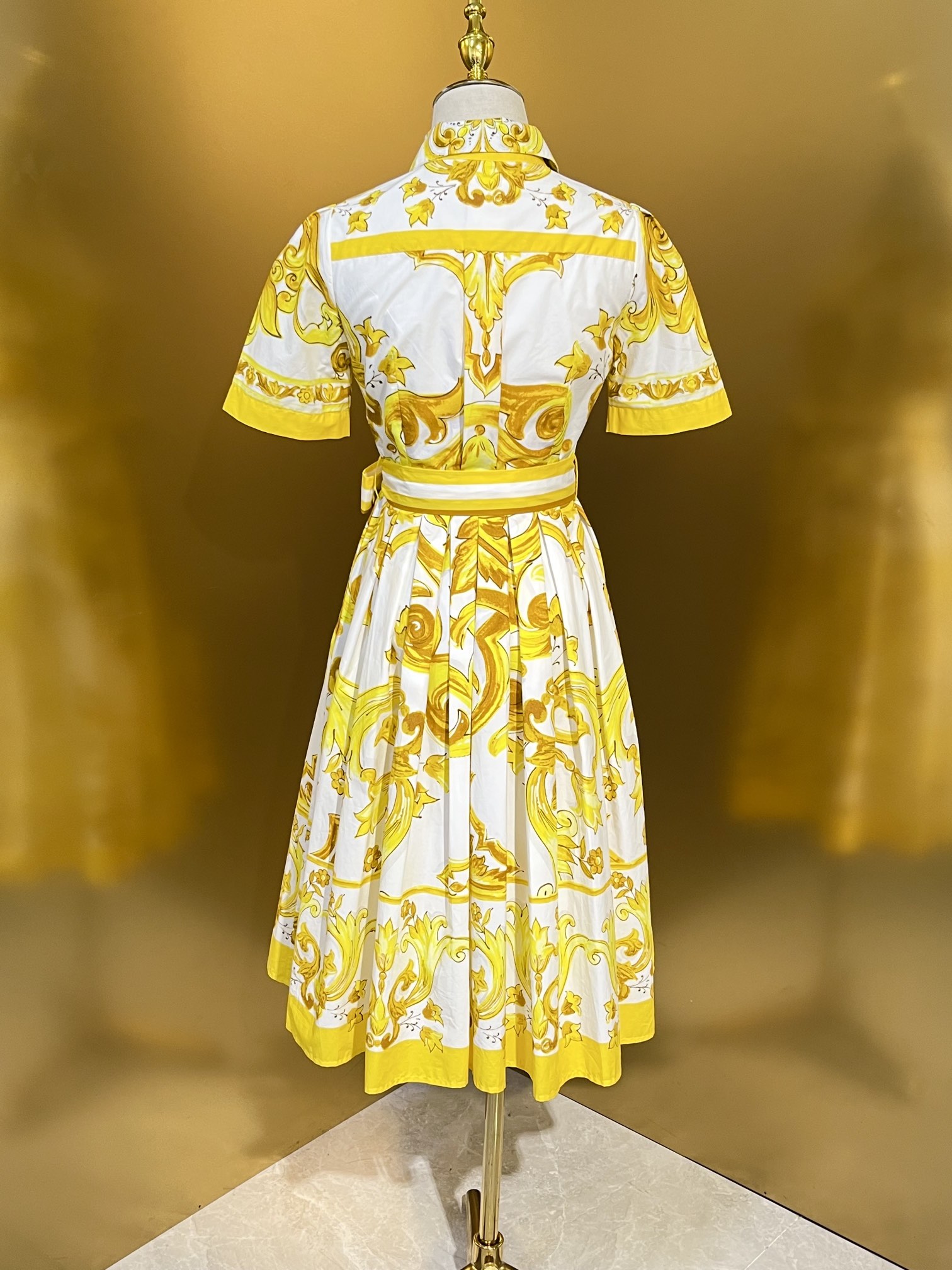 European Designer Designs 2024 New Yellow Porcelain Cotton Cloth Waist Wrap Custom Button Shirt Dress