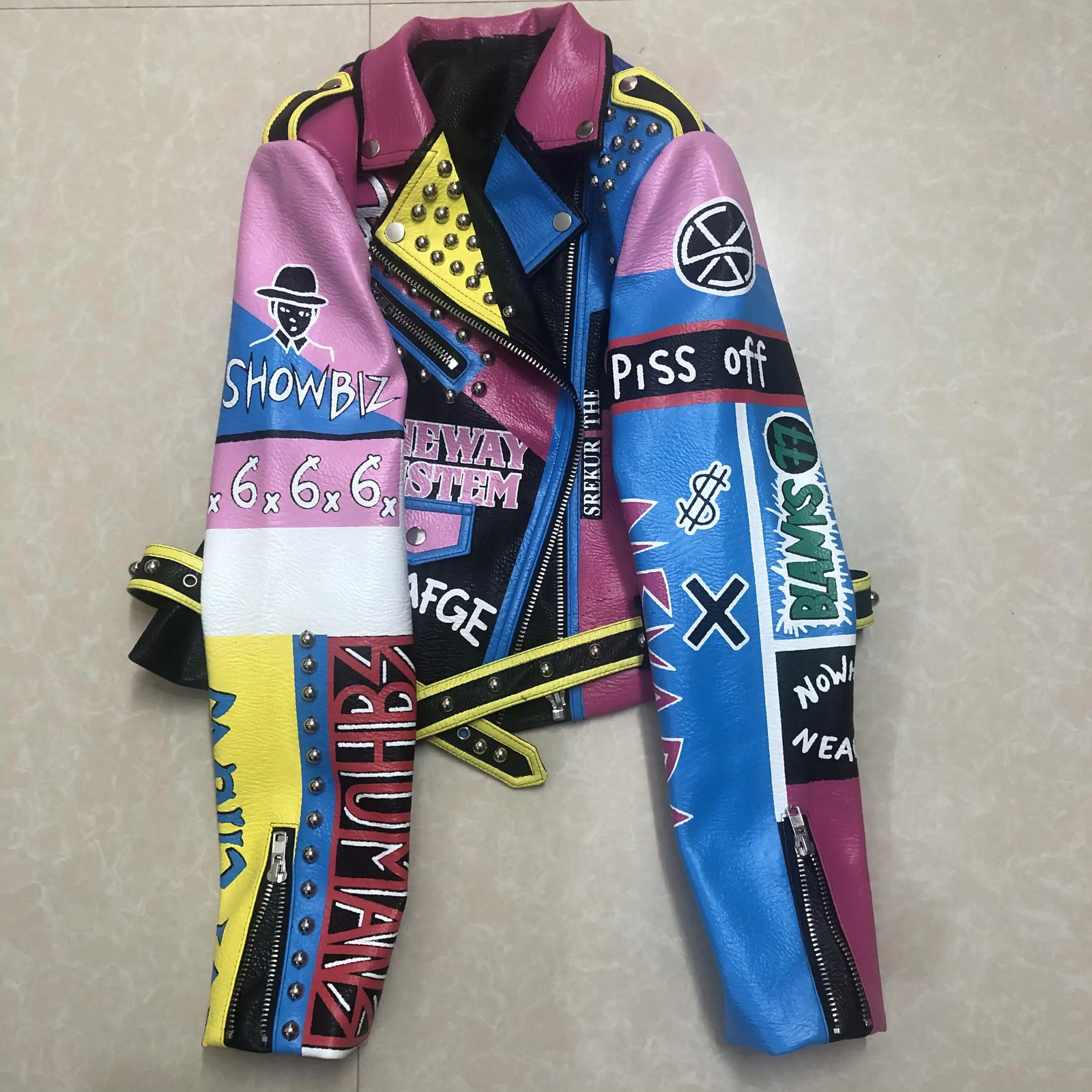 letters printed cartoon Graffiti rivet beading pu leather coats Women street Punk Rock Cropped Leather Jackets with belt 240604