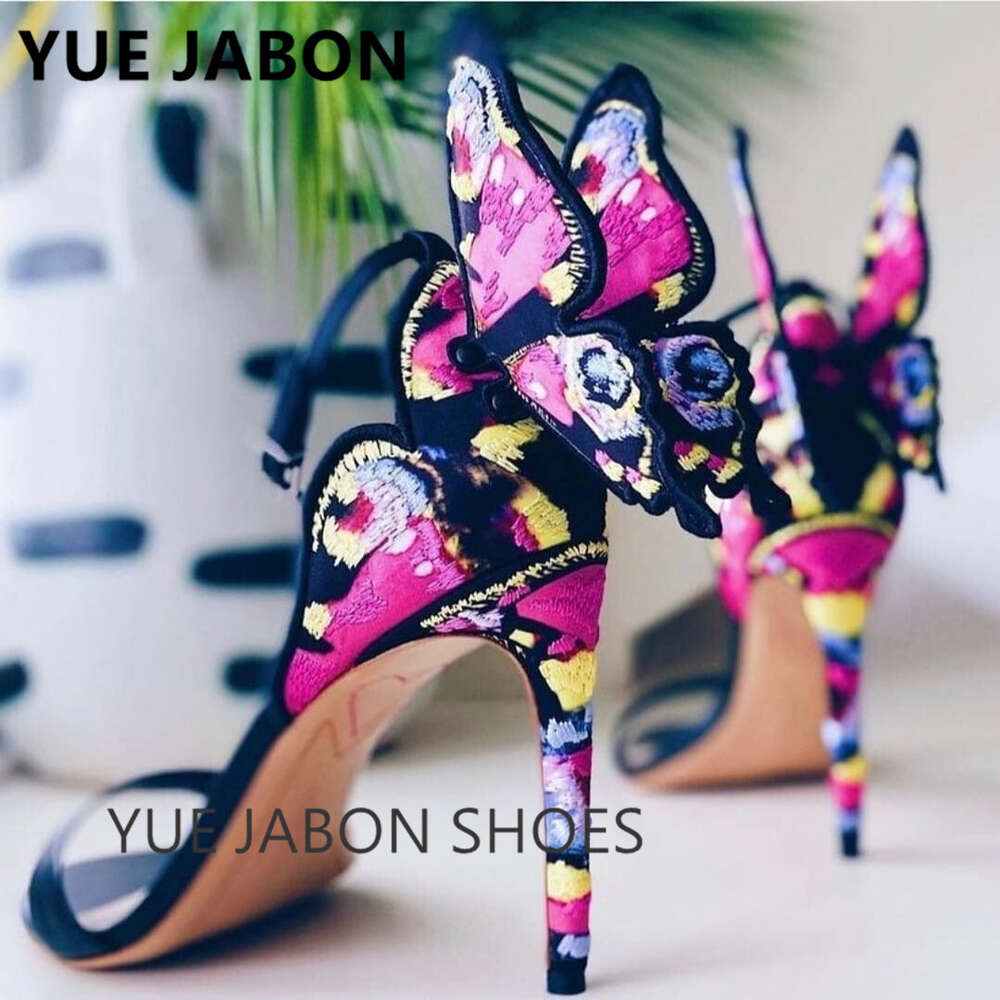 Metallic Embroidered Butterfly Wings Heel Sandals Women Stiletto Jeweled High Heels Summer Party Dress Wedding Shoes