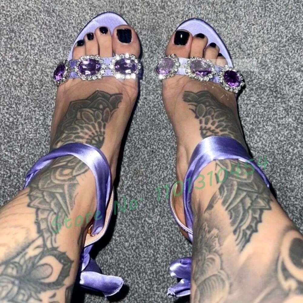 Light Purple Ribbon Sandals Women Elegant Gem-Encrusted High Heels Female Open Toe Silk Lace-Up Sparkly Party Shoes