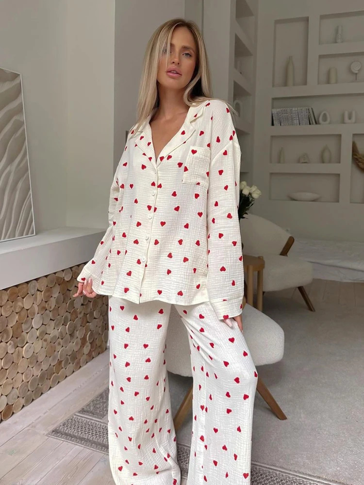 Hiloc Love Print Cotton Pajamas For Women SingleBreasted Pocket In Womens Sleepwear Lapel Long Sleeve Woman Clothing 240601