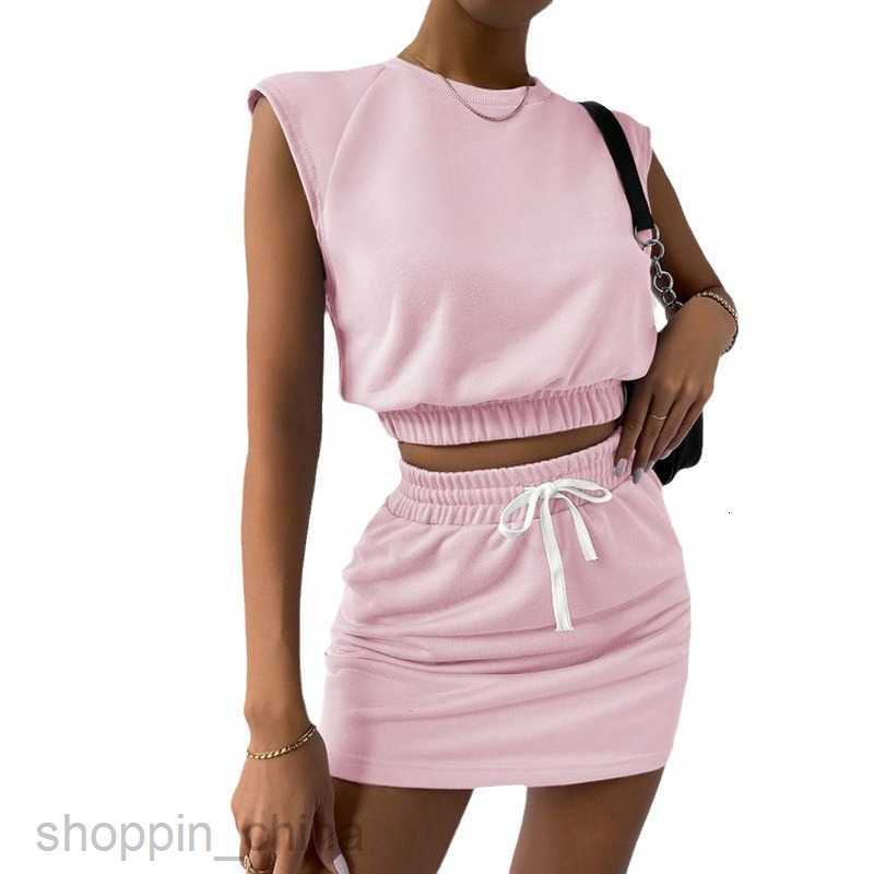 Two Piece Dress Sets New Skirt Set Casual Fashion Round Neck Short Sleeve Top Drawstring Half Skirt Set