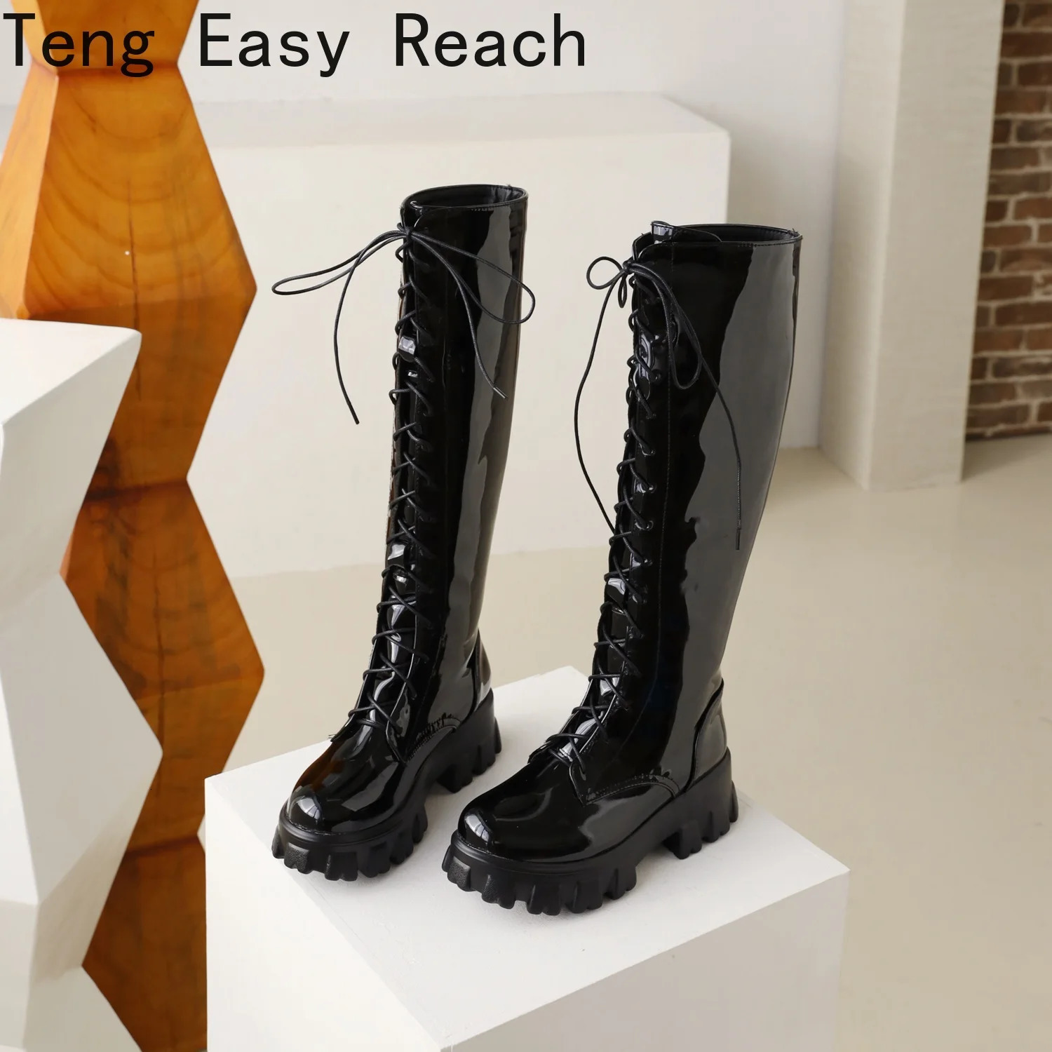 Womens thick soled motorcycle boots womens knee high boots autumn and winter patented womens lace up casual boots red size 35-43 240614