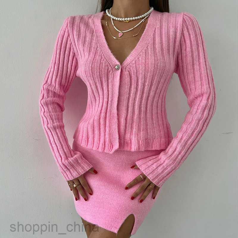 Two Piece Dress Sets New Spicy Girl Pink Set Trendy Solid Color Long sleeved Short Skirt Two piece Set for Autumn and Winter