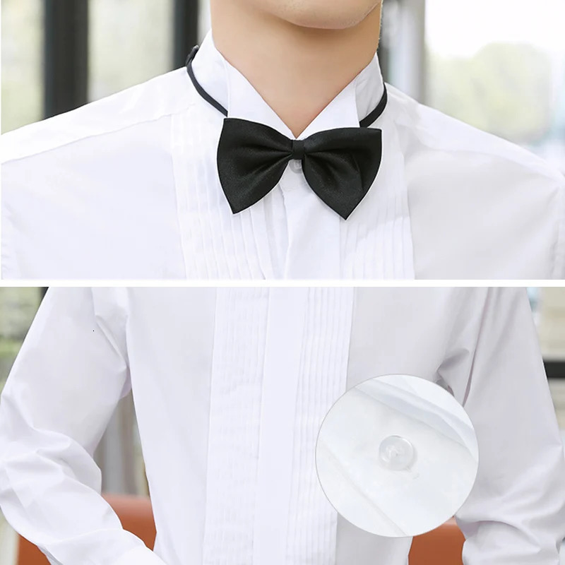 Classic Winged Collar White Dress Shirt For Mens Wingtip Tuxedo Formal Shirts Black Bow Tie Party Dinner Wedding Bridegroom Tops 240601Z