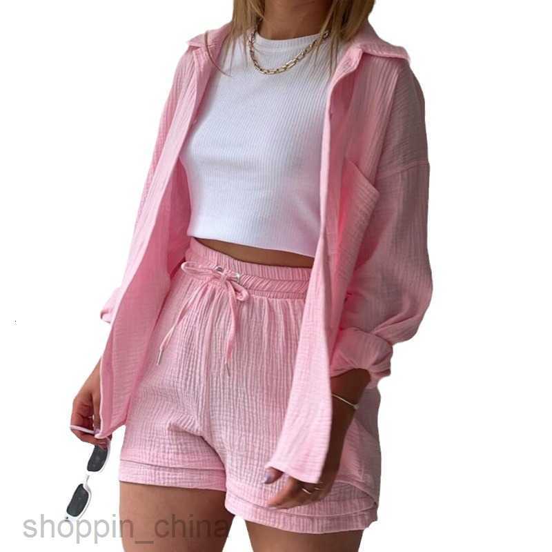 Women's Tracksuits new casual solid color button up shirt jacket drawstring shorts sports two-piece set Sets