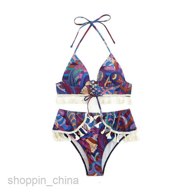 Women's Sexy Swimwear New Printed Style Hanging Neck Strap Tassel Bikini female Swimwear Fashion Swimwear