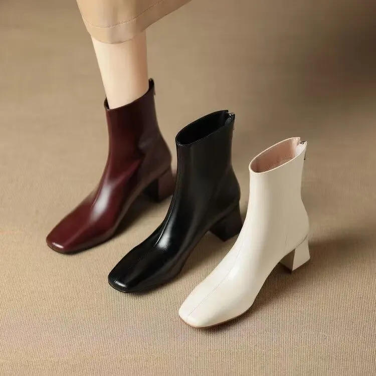 Womens Boots Winter Shoes Zipper Leather Elegant Ankle Rubber Autumn Rock Womens Roman PU Square Shoes Solid S 240614