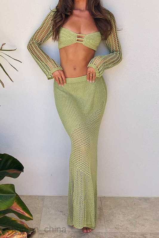 Two Piece Dress Sets Summer Women's New Lace Up Long Sleeve Wrap Hip Casual Knitted Long Skirt Set