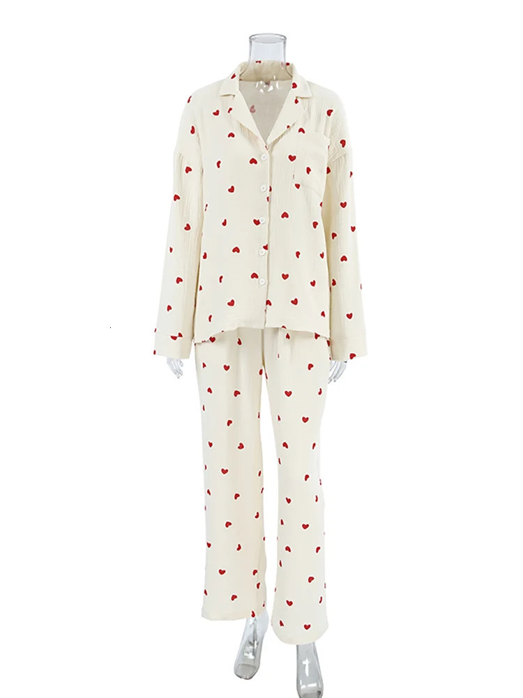 Hiloc Love Print Cotton Pajamas For Women SingleBreasted Pocket In Womens Sleepwear Lapel Long Sleeve Woman Clothing 240601