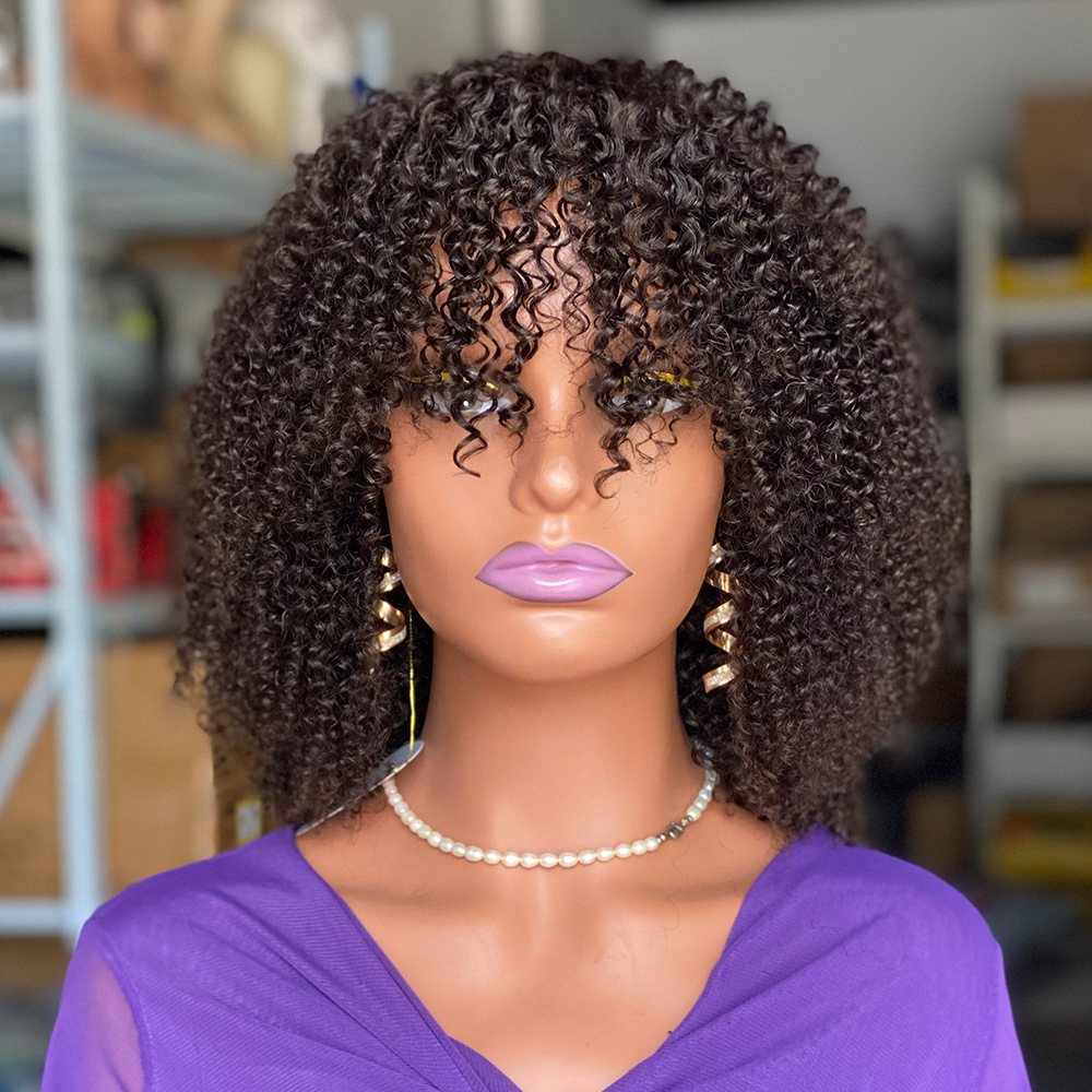 Curly Fringe Human Hair Wigs With Bangs 180 Density Glueless None Lace Hair With Bangs Natural Black Brazilian Women Wigs