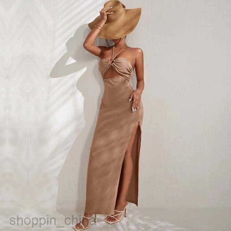 Basic Casual Women Dresses Cut Out Front Halter Neck Backless Slit Thigh Dress