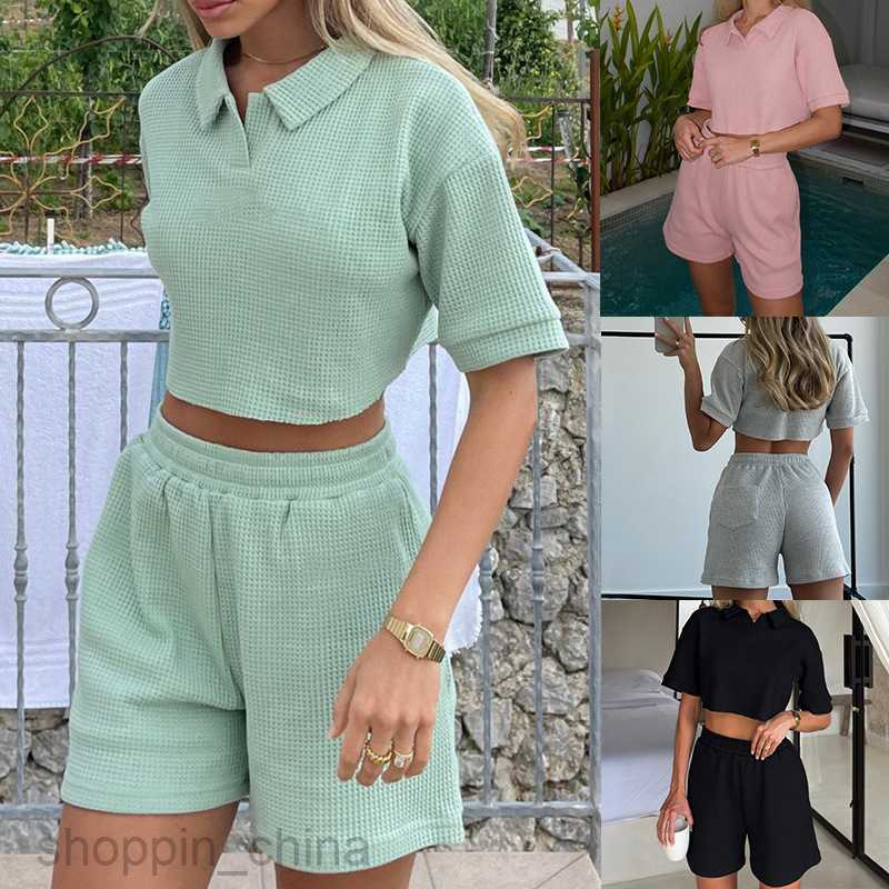 Women's Tracksuits New casual V-neck zippered short sleeved top and shorts, solid color sports two-piece set for girls Sets