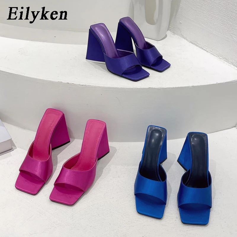 Eilyken 2024 Arrival Silk Triangle Square Heels Heel Woman Slippers Sexy Street Party Square Toe Dress Slides Summer Shoes 240615