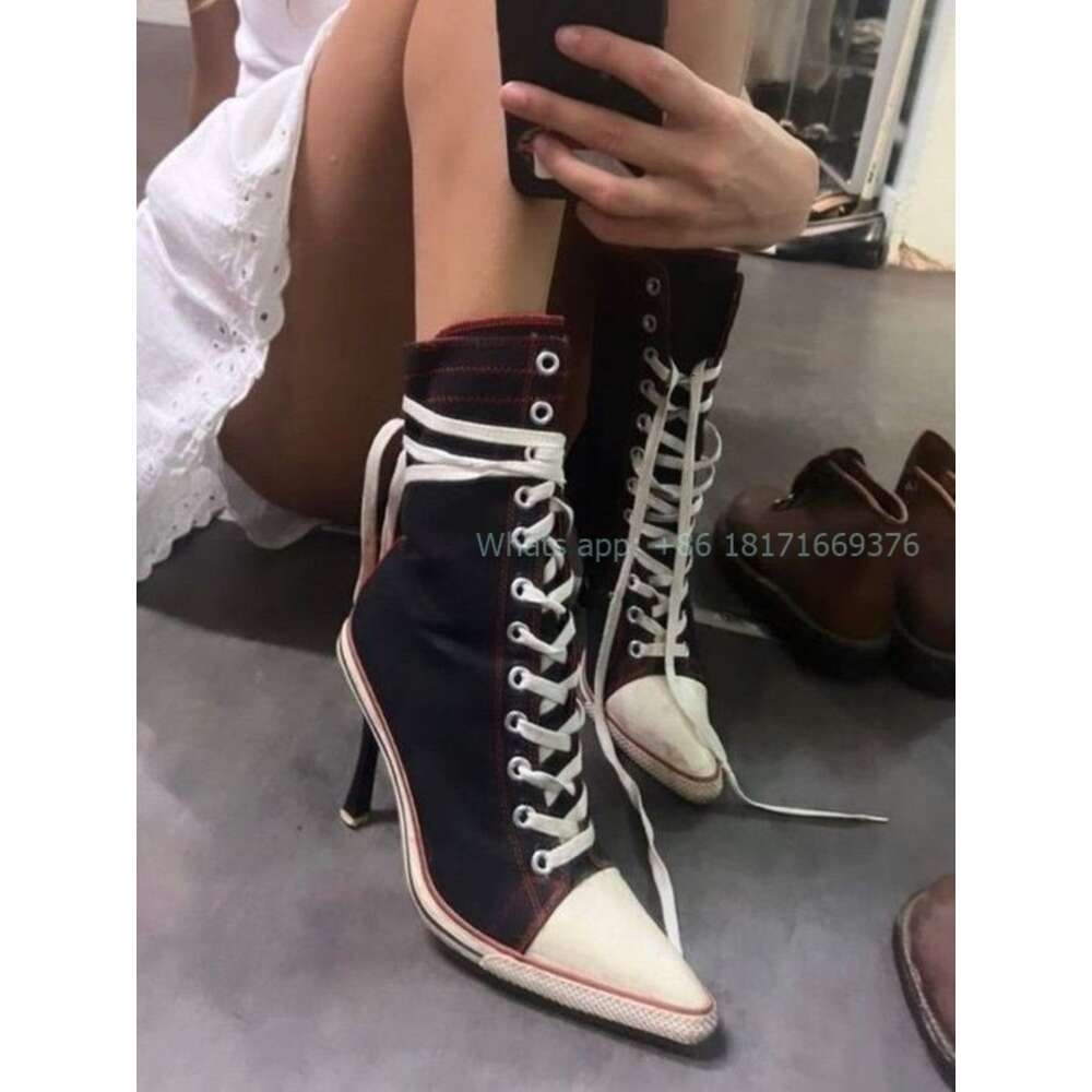 Design Stiletto High Heel Canvas Fashion Lady Lace Up Pointed Toe Sneakers Casual Ankle Shoes Outside Women 2024