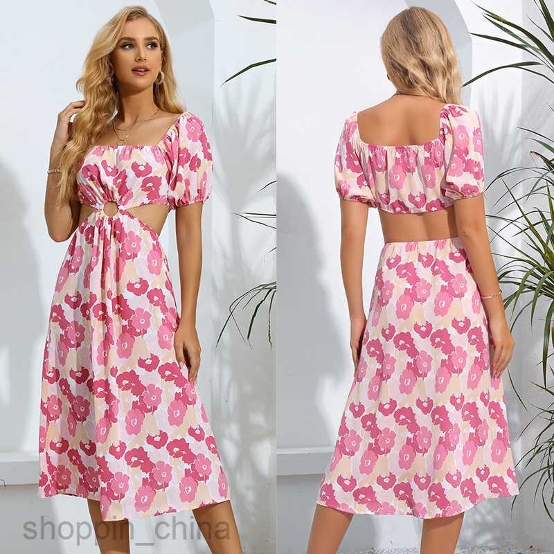 Basic Casual Women Dresses Summer Square Neck One Shoulder Printed Women's Wear waist Sexy temperament Slim Short sleeved Dress 60055