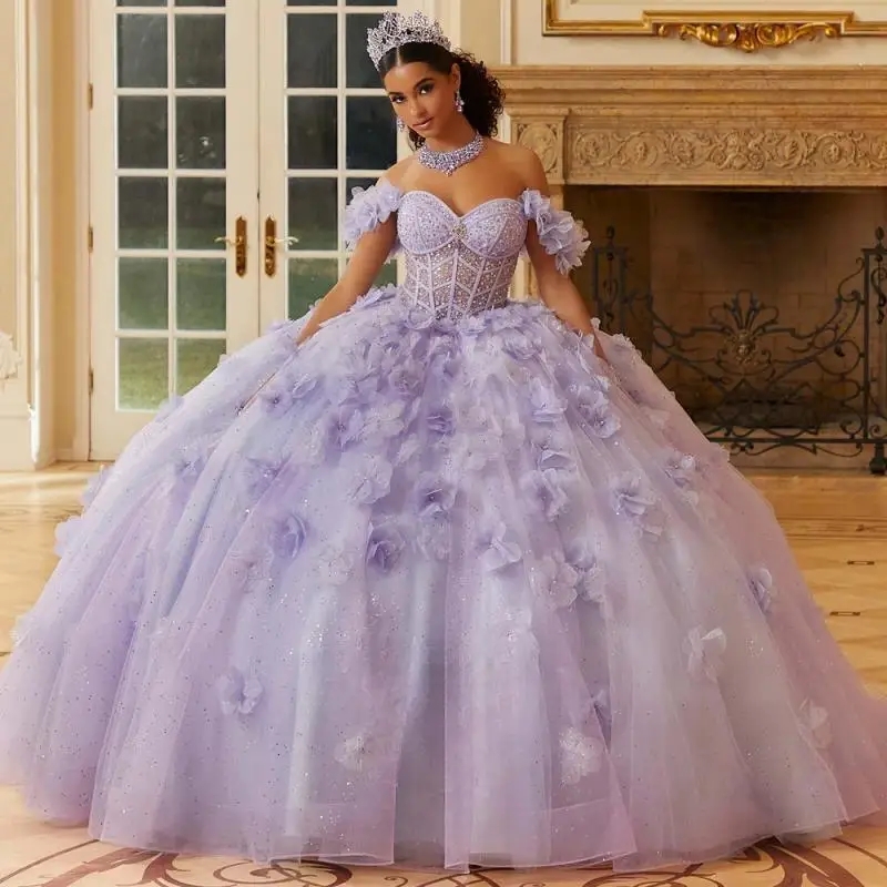 Lilac Shiny Princess Ball Gowns Quinceanera Dress Sweetheart Off the Shoulder Flower Beads Crystal Tull Sweet 16 Vestidos De 15 Anos