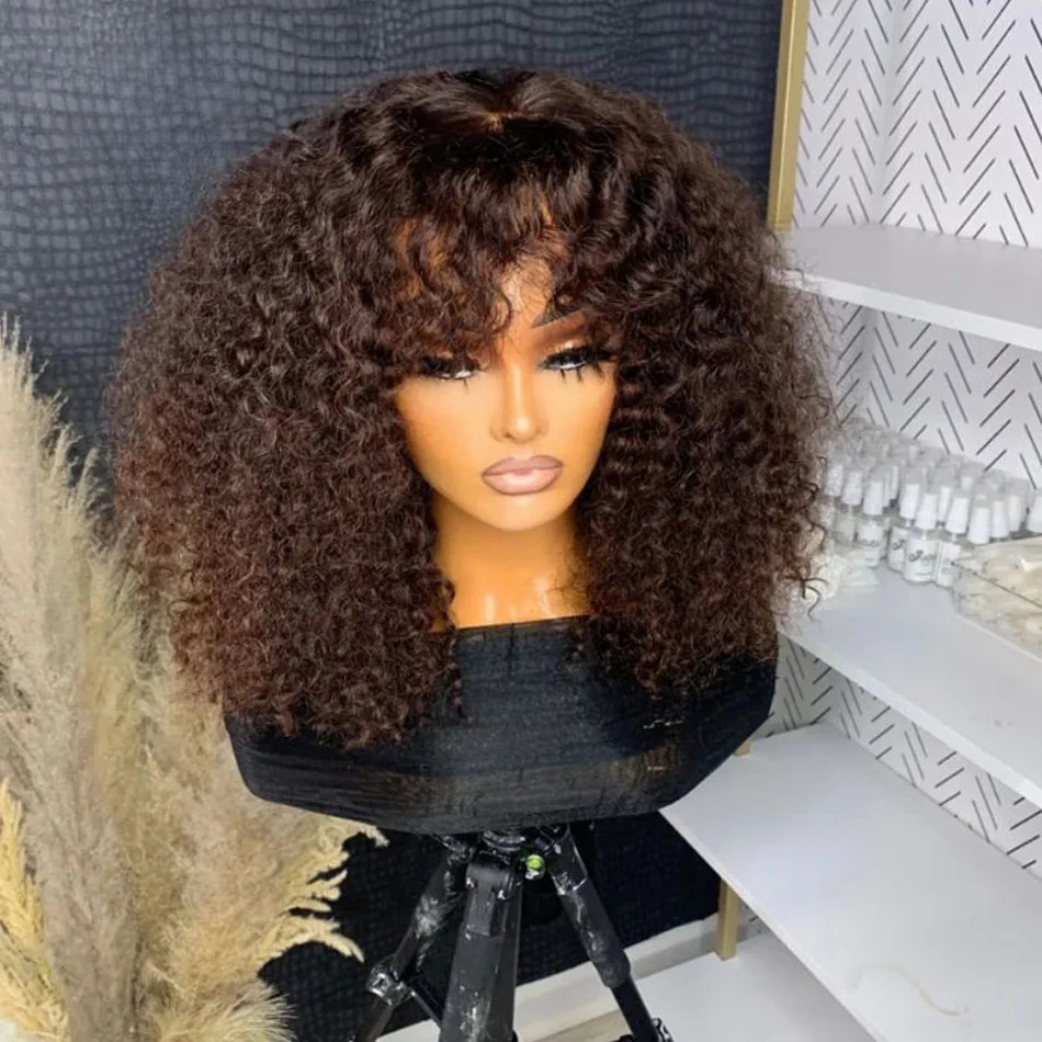 200density Human Hair Wigs for Women Brazilian Short Bob Kinky Curly with Bangs Perruque Cheveux Humain NO Synthetic Full Lace Wig