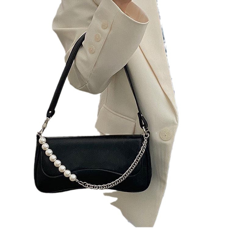 High quality soft leather beaded design, niche underarm bag women new trendy and fashionable pearl chain versatile shoulder bag handbag