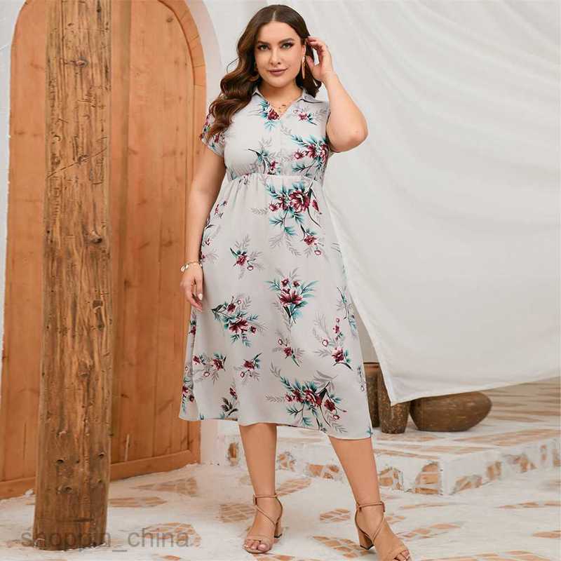 Basic Casual Women Dresses Large size women's summer new shirt collar short sleeved side slit dress JR5051
