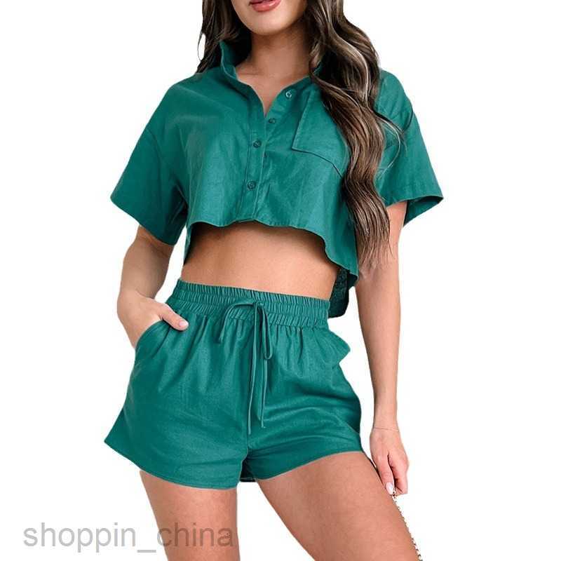 Women's Tracksuits New Ultra Short Button Shirt Top Drawstring 3/4 Pants Women's Two Piece Set Sets