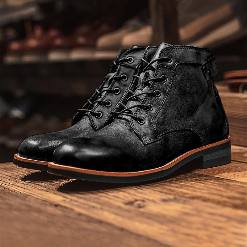 Black motorcycle boots American casual leather shoes mens British style retro work shoes mens large toe lace ankle boots Plus size 48 240614