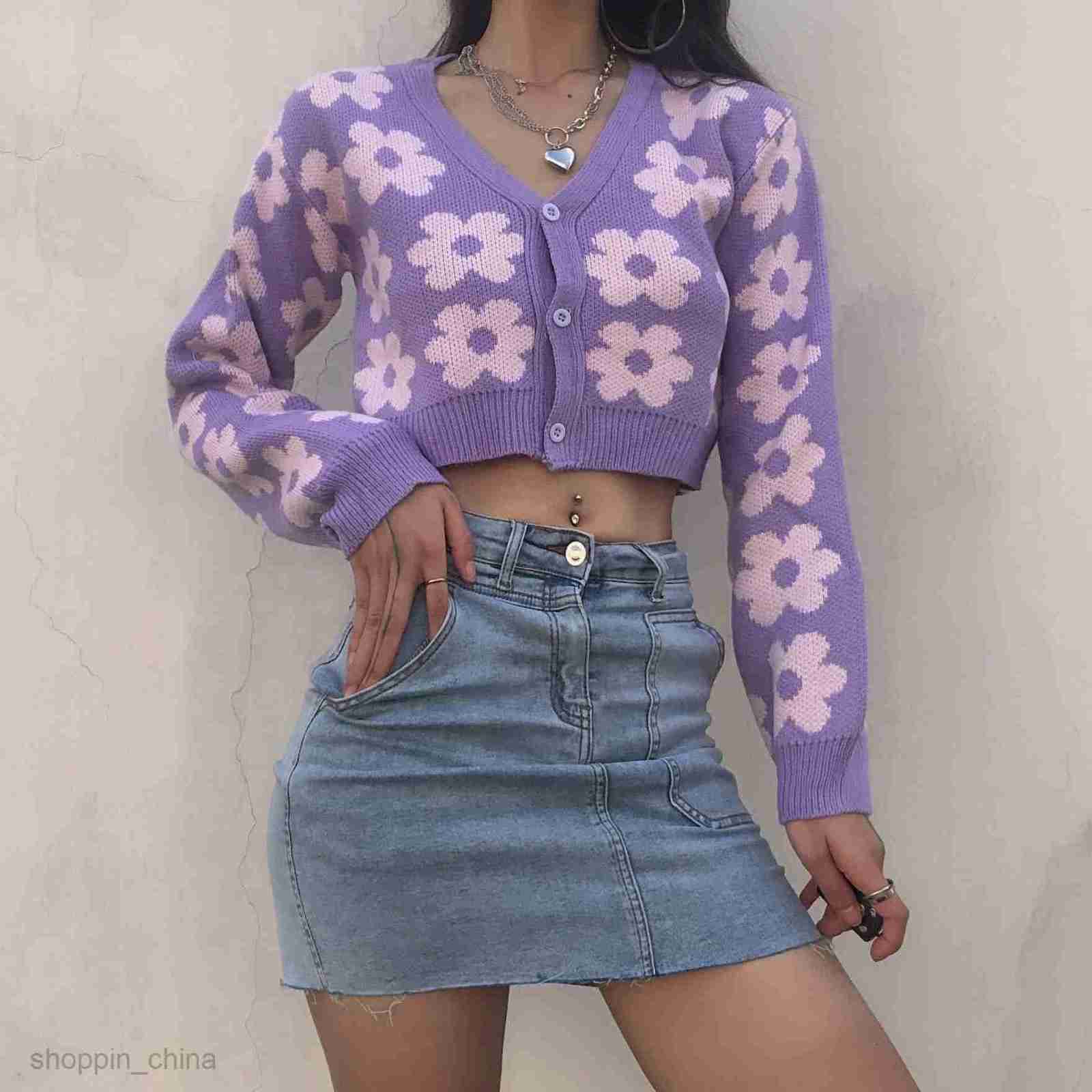 Women's Sweaters elegant flower print V-Neck Sweater Cardigan girl style versatile autumn new sweater coat