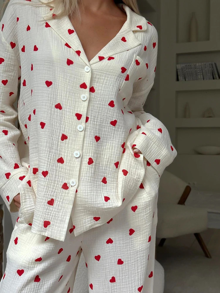 Hiloc Love Print Cotton Pajamas For Women SingleBreasted Pocket In Womens Sleepwear Lapel Long Sleeve Woman Clothing 240601