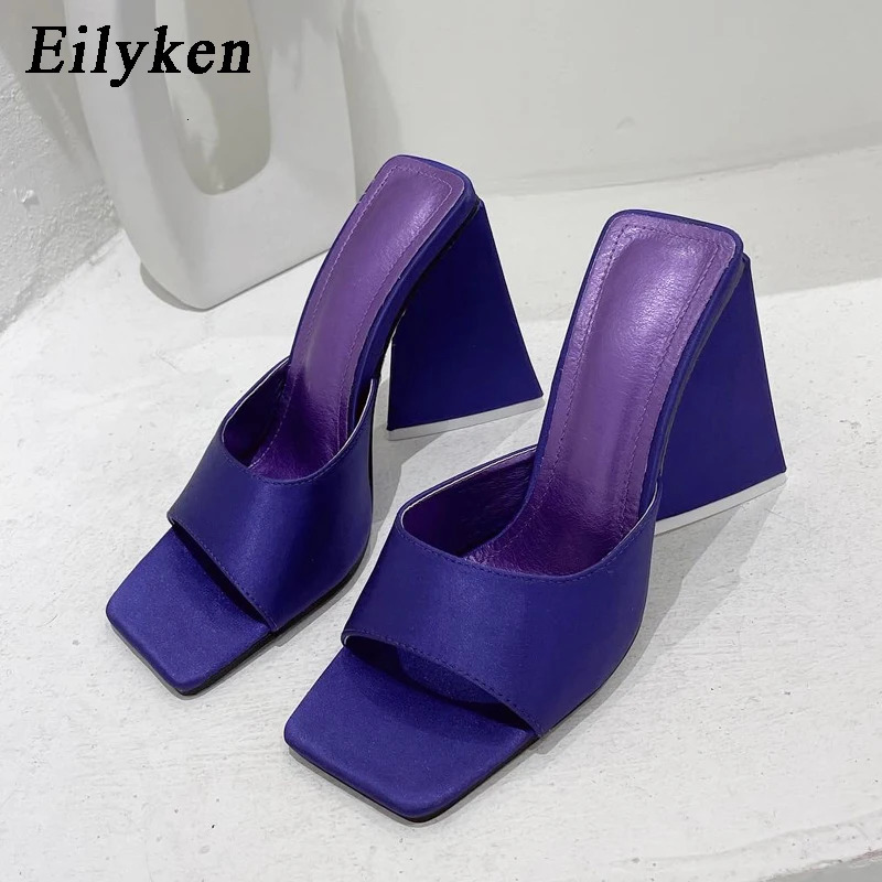 Eilyken 2024 Arrival Silk Triangle Square Heels Heel Woman Slippers Sexy Street Party Square Toe Dress Slides Summer Shoes 240615