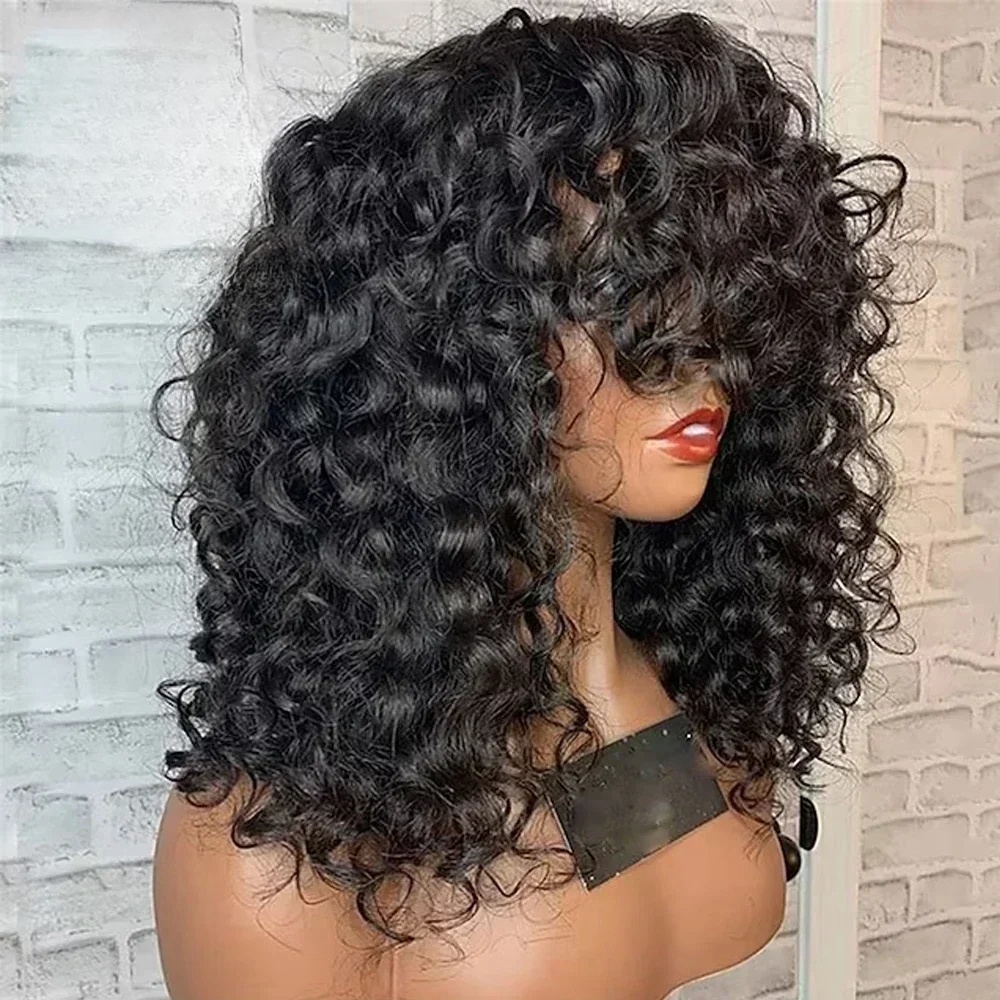 Free shipping 200 Density Short Human Wigs for Black Women Brazilian Remy Hair No Lace Front Synthetic Curly Bob Wig with Bangs Glueless
