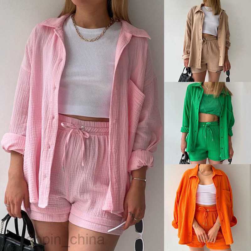 Women's Tracksuits new casual solid color button up shirt jacket drawstring shorts sports two-piece set Sets