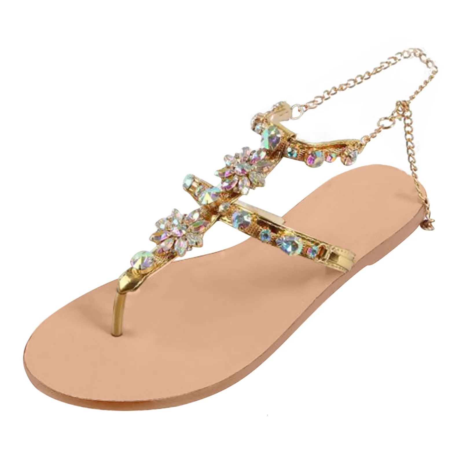 Womens Rhinestone Sandals Summer Beach Slippers Womens Clip Toe Chain Sandals Sparkling Crystal Casual Flat Shoes 240615