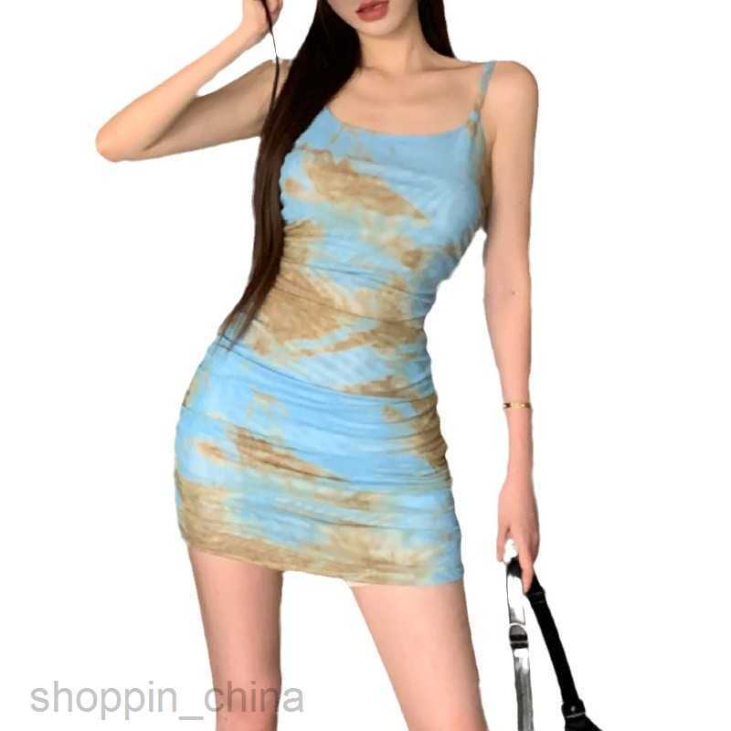 Basic Casual Women Dresses Summer Tie Dye Printed Sexy Folded Sling Sleeveless Dress PG3086