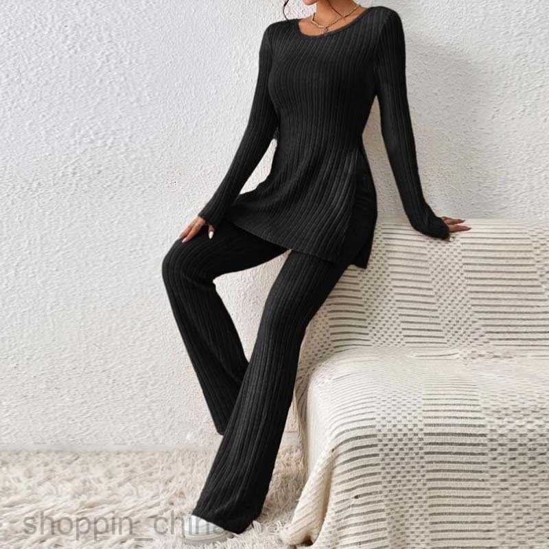 Women's Tracksuits Knitted Pit Stripe Two Piece Set Top Flare Pants Split Hem Tee&Flare Leg Pants Sets