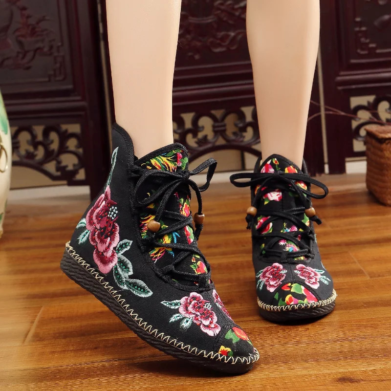 Retro floral embroidery womens canvas boots hidden wedge high heels womens platform shoes comfortable boots retro boat De Mujer 240614