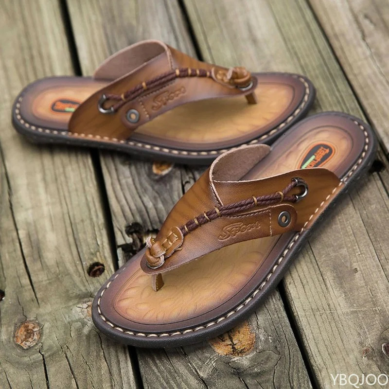 Summer Handmade Leather Slide Fashion Mens Flip Outdoor Breathable and Comfortable Mens Simple Sandals 240615