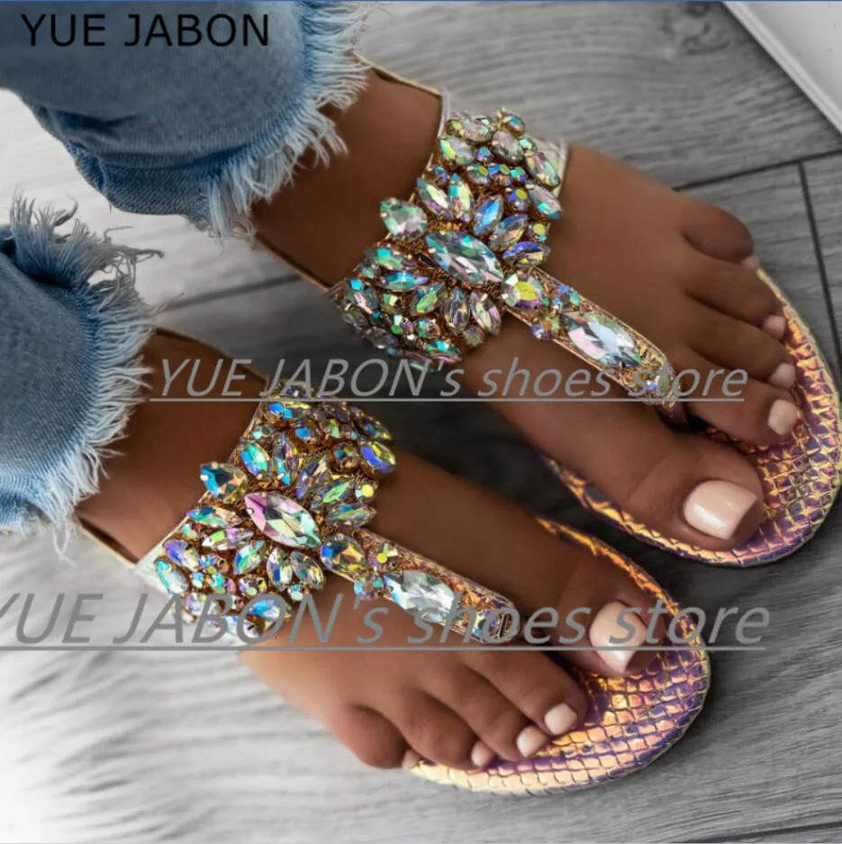 Womens sandals womens Rhinestone flat bottomed sandals thong pants crystal flip sandals 240615