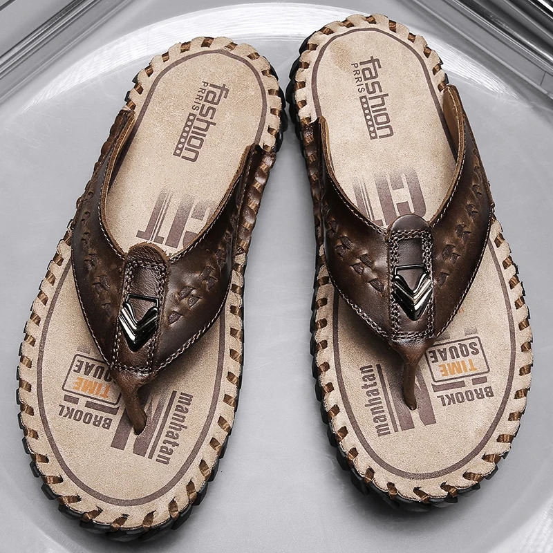 Golden Sapling Beach flap summer mens shoes genuine leather apartment retro mens shoes fashion outdoor slider casual shoes 240615