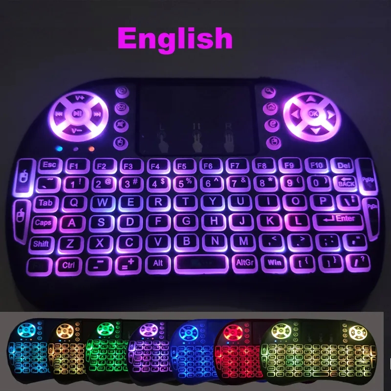 Mini i8 Wireless Keyboard 7 Colors Backlight Backlit 2.4G Air Mouse Remote Control Touchpad Rechargeable Lithium Battery for Android TV Box
