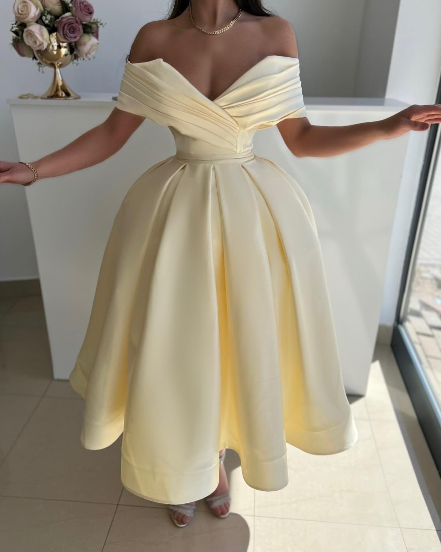 Light Yellow A E Prom Dress Off Shoulder Ruffle Evening Vestidos De Gala Pleats Formal Long Dresses For Special Ocns 6660305