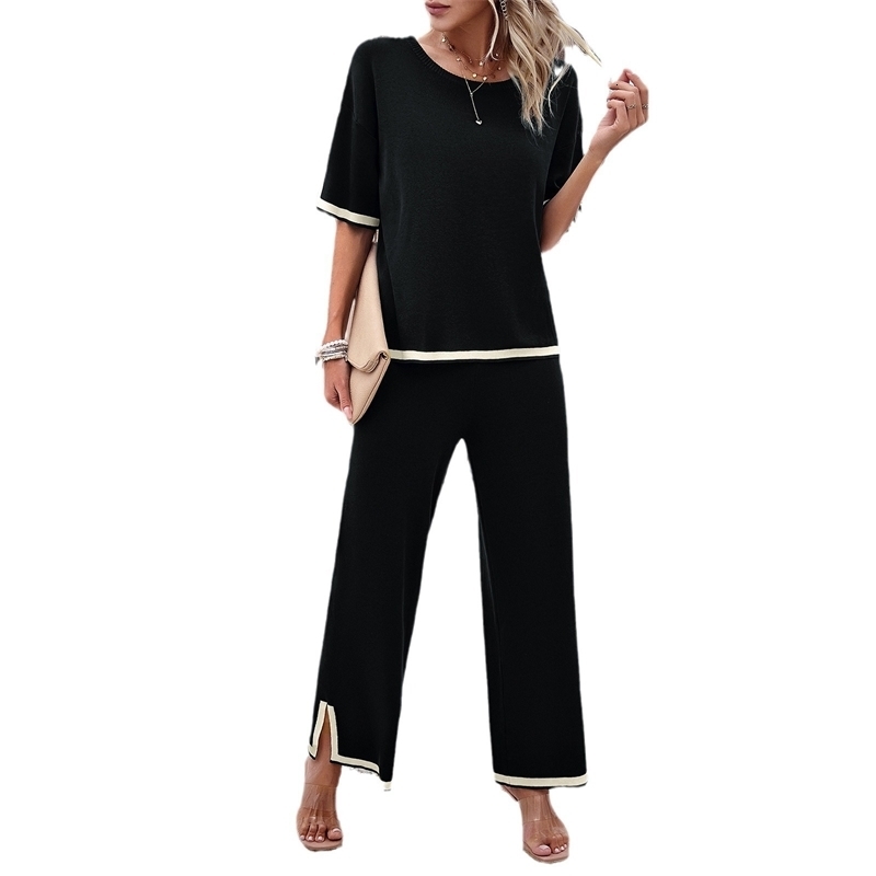 Fashion Womens Clothing 2024 Spring and Summer Casual ShortSleeved WideLeg Pants Knitted Suit 240523