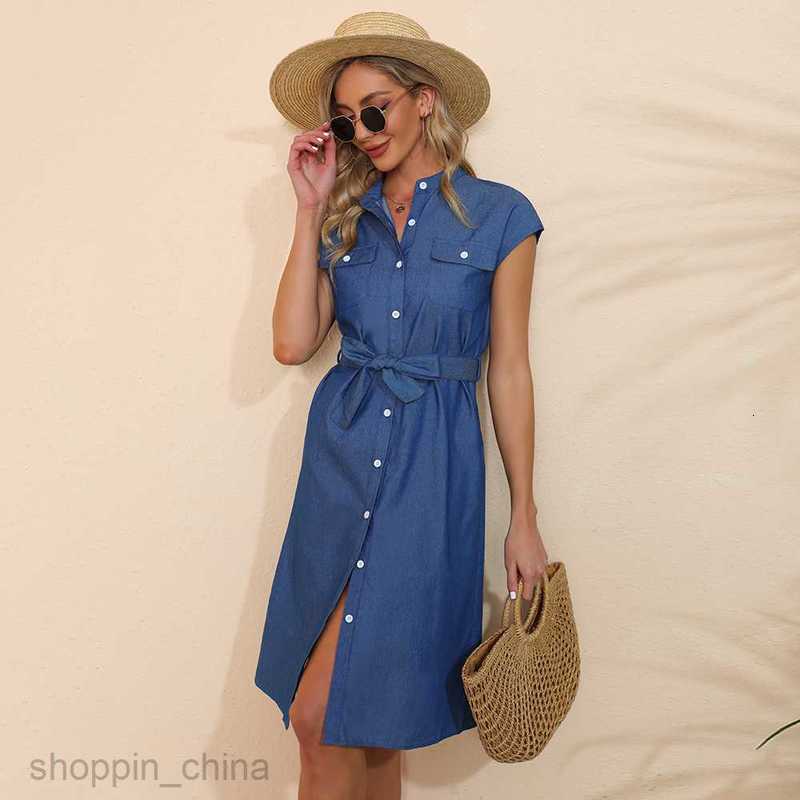 Basic Casual Women Dresses Summer Women's Stand up Neck Minimalist Style Slim Tie up Denim Sleeveless Dress JR60003