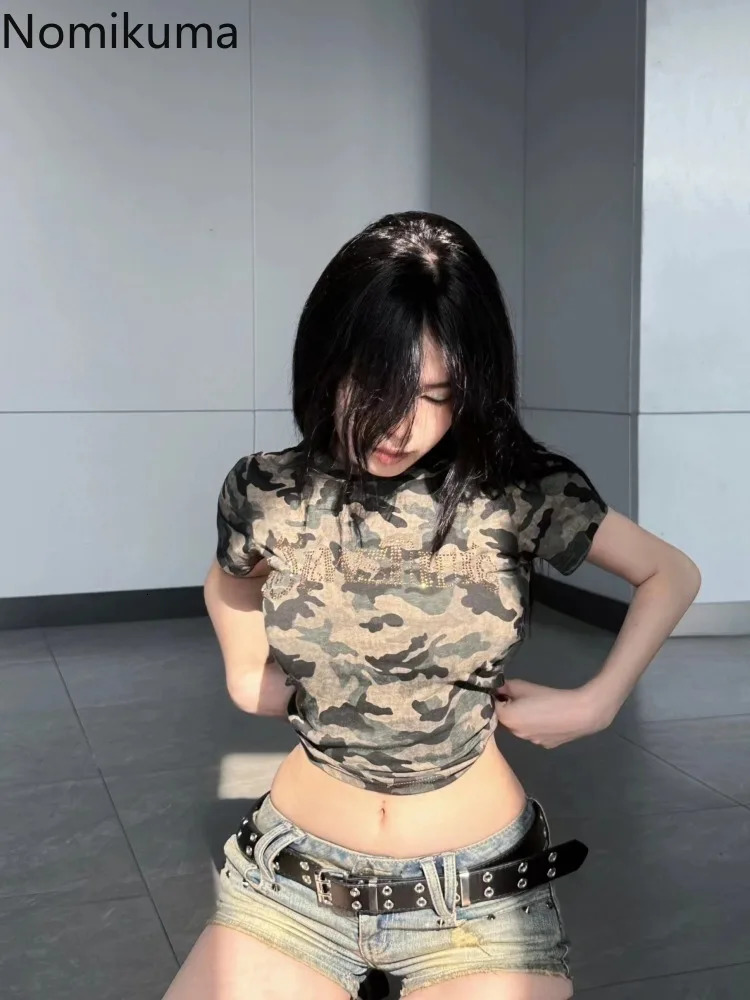 Cotton Tshirts Women Fashion Streetwear Camouflage Crop Tops Ropa Mujer Short Sleeve Oneck Tees Vintage Y2k Tshirt 27v910 240601