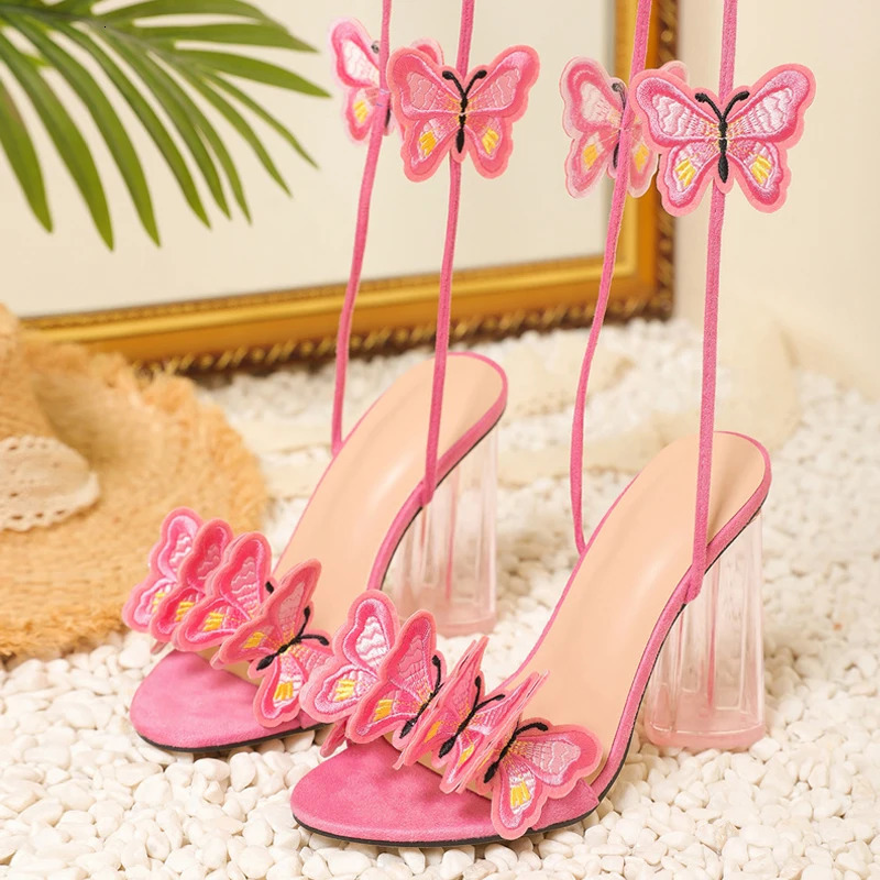 Liyke Sexy Pink Ankle Strap Transparent Strange Heels Sandals Women High Quality Handmade Butterfly Open Toe Party Prom Shoes 240615