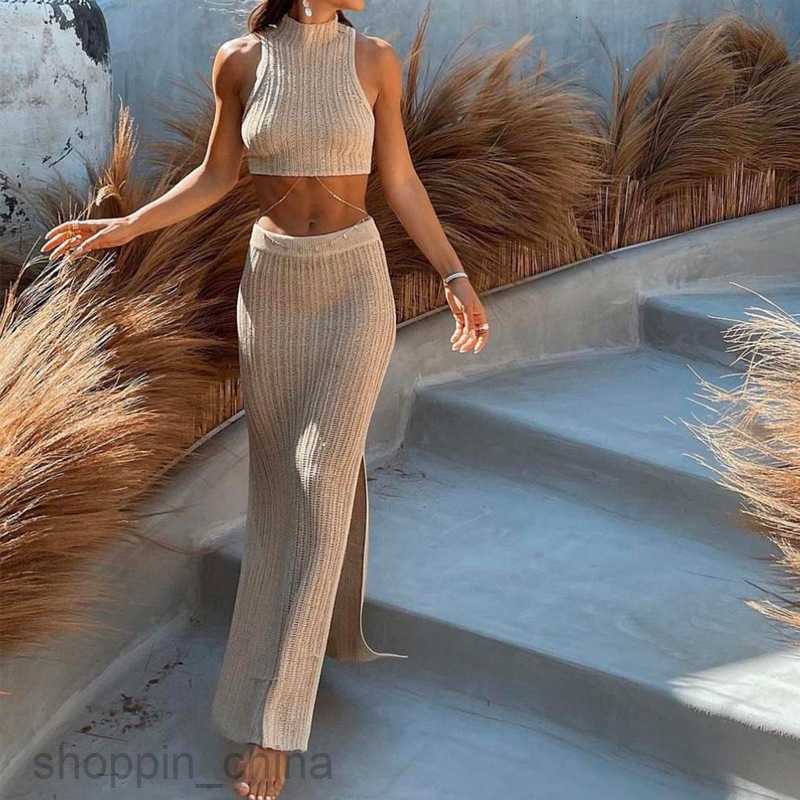 Two Piece Dress Sets Fashionable and Sexy Open Waist Suspended Tank Top, Temperament Split Slim Long Dress Girl's Set