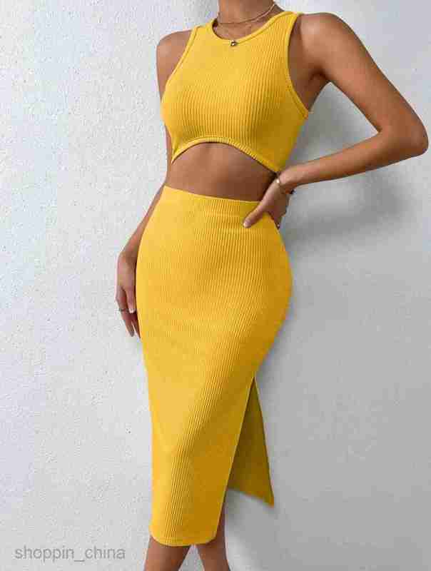 Two Piece Dress Sets New Women's Slim Knitted Wrapped Hip Skirt Style Two Piece Set Autumn waist One Step Skirt