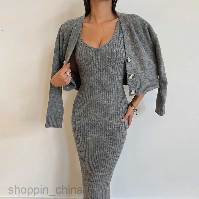 Basic Casual Women Dresses New Women's Fashion Sexy Sling Dress Two Piece Set Temperament Wrap Hip Long Dress Long sleeved Coat Set